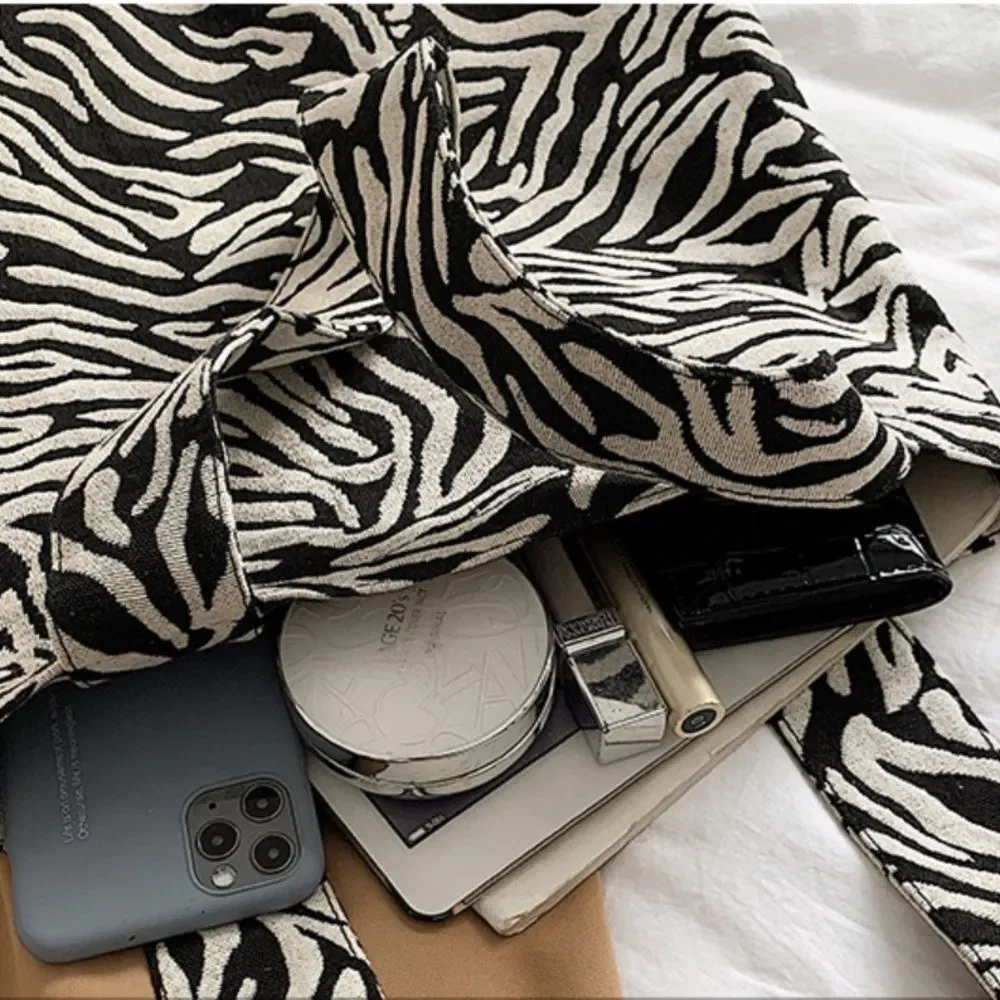 Large Zebra Tote Bag Black White Commuter Travel Minimalist Chic Fabric